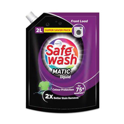 Safewash Front Load Matic Premium Liquid Detergent with Colour-Protect Technology | 2x Stain Removal | For All Types of Fabrics| 2L Refill Pouch