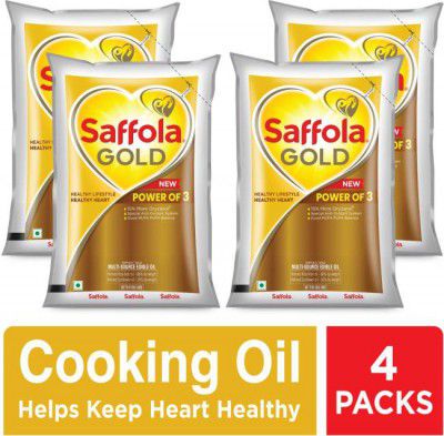 Saffola Gold Refined Cooking Rice Bran & Sunflower Blended Oil Pouch  (4 x 1 L)