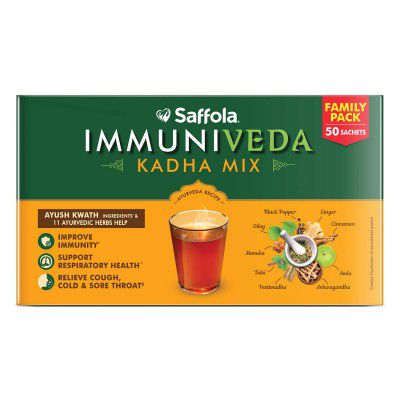 Saffola Immuniveda Kadha Mix - 100% Ayurvedic Kadha | Best relief from Cough and Cold with Ayush Kwath - 200g (50 Sachets x 4g )