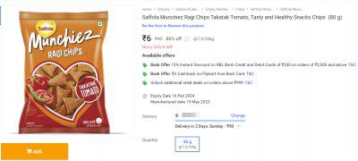 Saffola Munchiez Ragi Chips Takatak Tomato, Tasty and Healthy Snacks Chips (80 g)