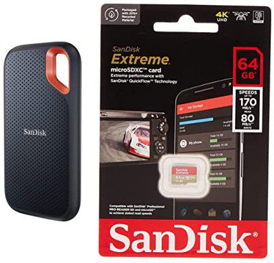 SanDisk 2Tb Extreme Portable Ssd 1050Mb/S R, 1000Mb/S W,Upto 2 Meter Drop Protection & Typec Smartphone Compatible, 5Y Warranty, External Ssd & Extreme Microsd Uhs I Card 64Gb, USB