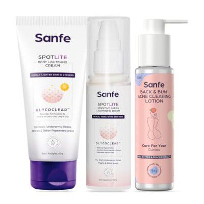 Sanfe Body Acne & Depigmentation Kit | 6 In 1 Glo Boost Cream | 3 In 1 Privy Lightening Serum | Acne Clearing Lotion | Glowing Body Skin & Sensitive Areas | Anti-acne Formula