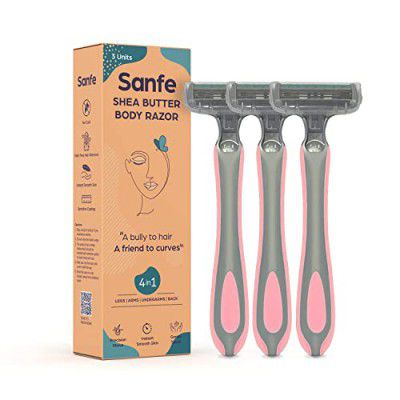 Sanfe Shea Butter Body Razor for Women's Hair Removal - Pack of 3 with New No Cut Technology | Comfortable Handle | Instant & Pain Free Remover | Protective Sleeve and Anti-Slip Grip