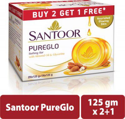 Santoor by Wipro PureGlo Moisturising Glycerine Bathing Bar with Almond oil  (3 x 125 g)