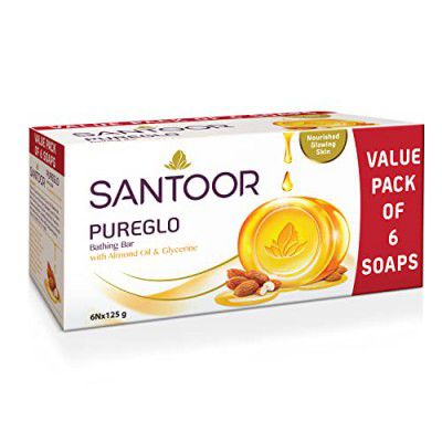 Santoor PureGlo Glycerine Bathing Bar Soap with Almond Oil for Nourished & Glowing Skin| Gentle & Rich Lathering Formula| Refreshing Fragrance| For All Skin Types| 125g, Pack of 6