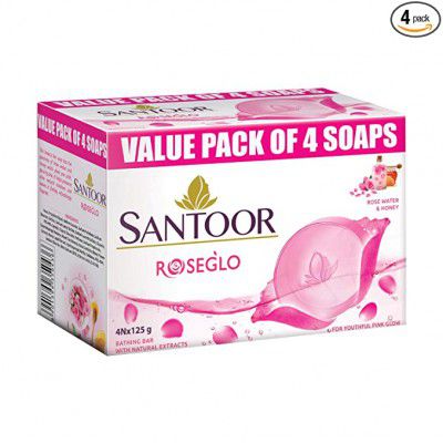 Santoor RoseGlo Soap with Rose Water & Honey, 125g (Pack of 4)