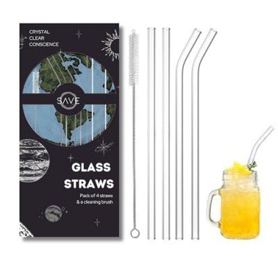 SAVE Reusable Glass Straw Set | 4 Straws & 1 Cleaning Brush | Ecofriendly Multiuse Drinking Straws | Cute Straws for Cocktails, Mocktails, Shakes & More Drinks (Combo, Crystal White)