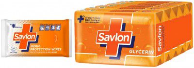 Savlon Germ Protection Wipes 10 Nos Pack & Savlon Moisturizing Glycerin soap bar with germ protection, Pack of 5-125g each