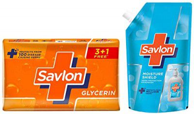 Savlon Moisture Shield Germ Protection Liquid Handwash Refill Pouch, 725 ml & Savlon Glycerine Soap, 125g (Buy 3 Get 1 Free)