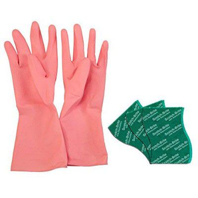 Scotch-Brite Kitchen Gloves Small Pair (1 Unit) & Scotch-Brite Silver Sparks Scrub pad for dishwashing (3 Units)