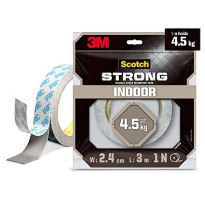 Scotch Double Sided Tape by 3M (1m holds 4.5Kgs) for indoor hanging applications (Photo frames, Mirrors, Key Holders, Car Interiors, Extension Boards, Wall decoration, etc)(L: 3m, W: 24mm), White