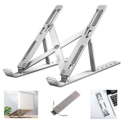 SENIVO Laptop Stand 7 Height Adjustable, Aluminium, Ventilated, Foldable, Portable Laptop Holder for Desk & Table Mount Upto 15.6 inch Laptop with Carry Pouch (Silver) A-2