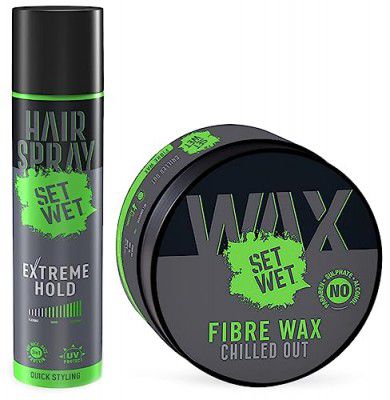 Set Wet Hair Spray for Men Extreme Hold 200ml & Hair Wax For Men - Fibre Hair Wax, 60g Strong Hold, Extra Volume