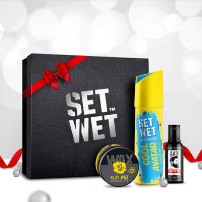 SET WET Mens Styling Gift Set-Clay Hair Wax, Deodorant for Men & Hair Growth Oil Deodorant Spray - For Men (240 ml, Pack of 3)