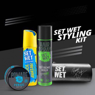 SET WET Men's Styling Kit-Deodorant(150ml),Pomade(60g),Hair Spray for Men(200ml) & Pouch Deodorant Spray  -  For Men  (410 ml, Pack of 4)