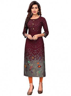 SHAHLA Women's Rayon Fabric Straight Kurta, 3/4 Sleeve,Kurti Dress for Regular & Special Occasions (Maroon)