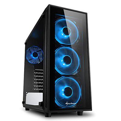 Sharkoon TG4 Mid Tower PC Computer Case I Support Mini-ITX, Micro-ATX, ATX Motherboard I Side Panel Tempered Glass with 4 x 120 mm Blue LED Fan (pre-Installed) - Black