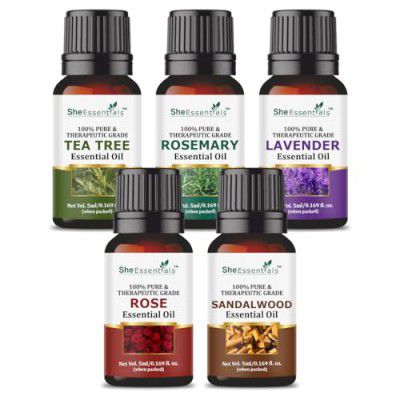 She Essentials Tea Tree, Rosemary, Lavender, Rose & Sandalwood Essential Oils | Suitable for Women & Men - 5x5ml