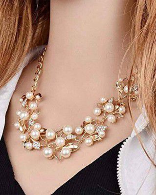 SHINING DIVA 8181S Gold-Plated Pearl & Stone-Studded Necklace & Earrings Set