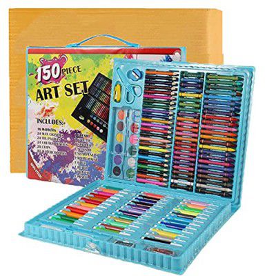 Shuban Deluxe Art Set Box & Drawing Kit with Crayons, Oil Pastels, Colored Pencil Best Rakhi Gift (150Pcs -Blue)