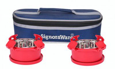 SignoraWare 350ml+350ml Smart Microwave Safe Twin Midday Stainless Steel Lunch Box with Bag