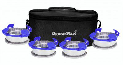 SignoraWare 350ml+350ml+350ml+350ml All Steel Double Decker Bright Lunch Box with Bag, Food Grade BPA Free, Leak Proof Air Tight Stainless Steel Containers, Compact Sleek Tiffin Box (Set 4 Violet)