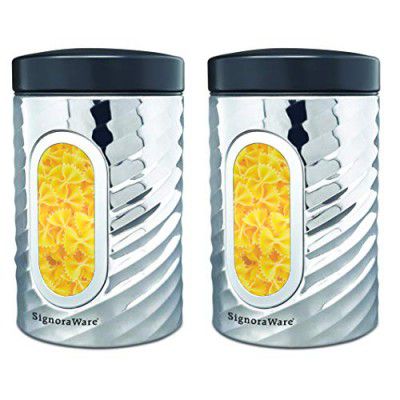 Signoraware Modular Steel Container (Window Round) Mirror,Set of 2, 1400ml+1400ml, Silver