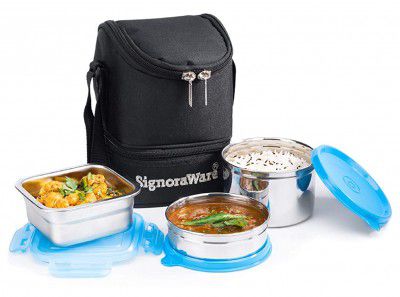 Signoraware Trio Stainless Steel Lunch Box, Set of 3, 500 ml+ 400 ml+ 200 ml, Blue