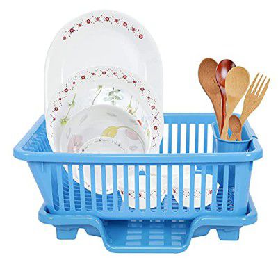 SIMPARTE Plastic Drainer Dish Rack for Kitchen Utensils Organizer, Drying Tray, Dish Drainer Basket (Blue, 45 x 32 x 18 cm)