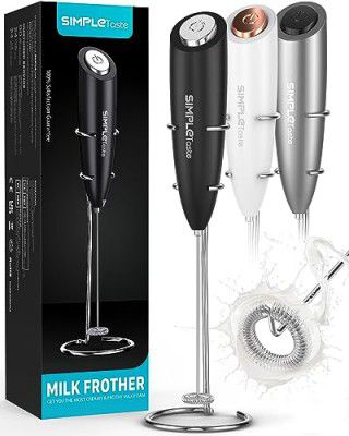 SimpleTaste Electric Milk Frother with Stand, One Touch Handheld Whisk Batteries Powered Cappuccino Coffee Frother Black, 1 year warranty