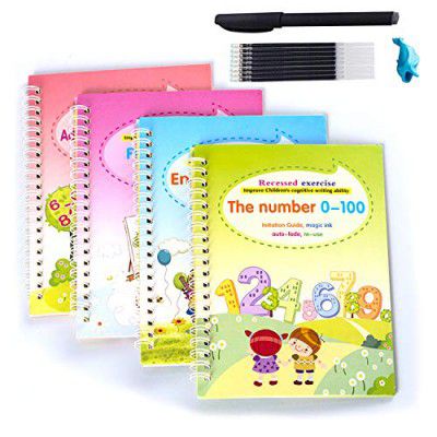 SIWUCHYE Magic Practice Copybook for Kids,4Pcs Handwriting English Study Workbook,Reusable Children's Calligraphy Letter Tracing Mathematical Drawing Set,Calligraphy Paper to Teach Kids How to Wri