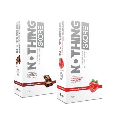 Skore Nothing Thinnest Pleasure Condoms | Flavored Chocolate & Strawberry | With Disposal Pouches| Pack of 2 | 10s each