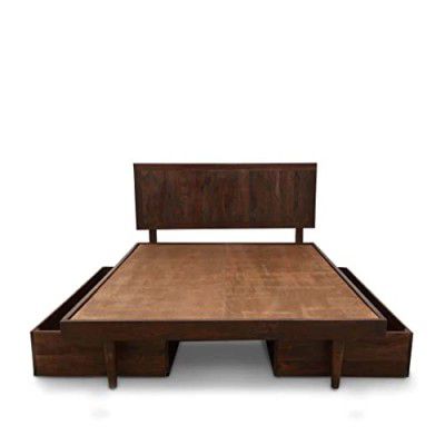 SleepX Sheesham King Size Bed Modern European Style with Storage, Line- Walnut