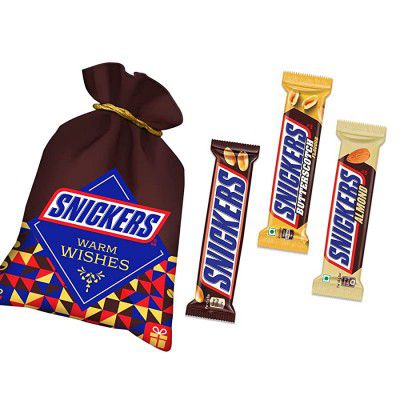 Snickers Potli Chocolates Gift Pack (4 Peanut Bars, 3 Almond Bars & 3 Butterscotch Bars)