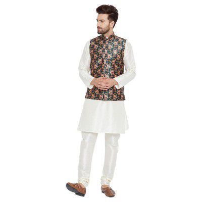 Sojanya (Since 1958, Men's Silk Blue Kurta Pyjama & Printed Nehru Jacket set