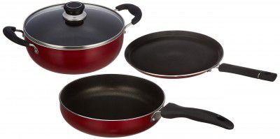 Amazon Brand - Solimo 3-Piece Aluminium Cookware Set - Fry Pan, Kadhai & Tawa