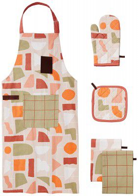 Amazon Brand - Solimo 100% Cotton 5 Piece Kitchen Apron, Oven Glove, Pot Holder and Towel Set, Pastel (Multicolour)