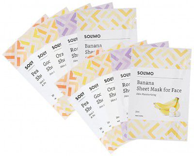 Amazon Brand - Solimo Face Sheet Mask, Pack of 10 (2 packs each of Peach, Gooseberry, Orange, Rosemary, Banana)