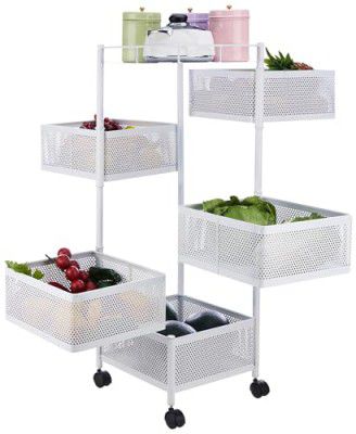 Amazon Brand - Solimo Five-Tier Square Trolley with Baskets, Rotating, Wire Mesh Baskets, Magnetic Closure, Portable (White) - Mid-Steel