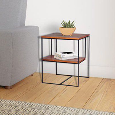 Solimo Gunay Durable Square Side Table, with 2 Storage Shelves (Mango Wood and Metal with Honey Finish)