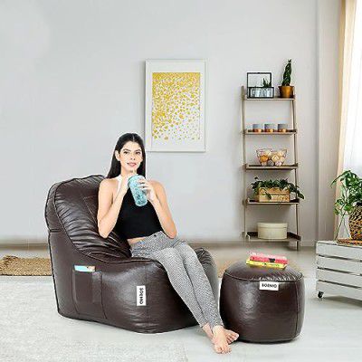 Amazon Brand - Solimo Lounger Leatherette Bean Bag with Footrest Combo & Side Pocket (Brown)_Filled with Beans