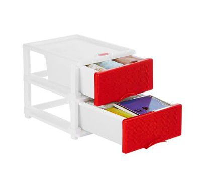 Amazon Brand - Solimo Premium Plastic Multipurpose Modular Drawer - Small (2 Racks, Red, Rattan Design)