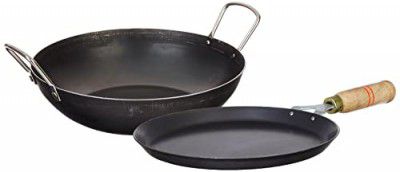 Amazon Brand - Solimo Sheet Metal Iron Cookware Set of 2 Pcs (Tawa 23 cm, Kadai 24 cm, Induction Friendly (Black)