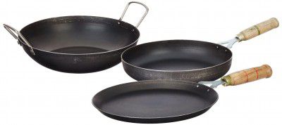 Solimo Sheet Metal Iron Cookware Set of 3 Pcs (Tawa 23 cm, Frying Pan 24 cm, Kadai 24 cm), Induction Friendly