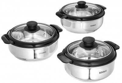 Amazon Brand - Solimo Stainless Steel Casserole with Glass Lid, Set of 3 (1900ml/1500ml/1000ml), Silver and Black