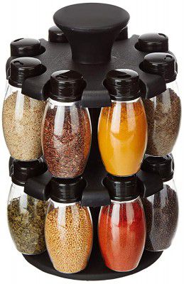 Amazon Brand - Solimo Upright Revolving Plastic Spice Rack, Oval, 16 Pieces,Silver