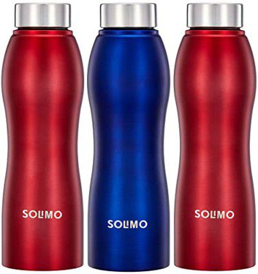 Amazon Brand - Solimo Water Bottle, Spill-Proof, Safe For Refrigerator (Stainless Steel, Set Of 3, 2 Red And 1 Blue), 1 liter