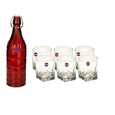 Somil Glass and Bottle Water & Other Hot, Cold, Beverage Serving Set for Home, Bar & Restaurant, 6 Glasses, 1 Lt. Bottle, Red, Transparent