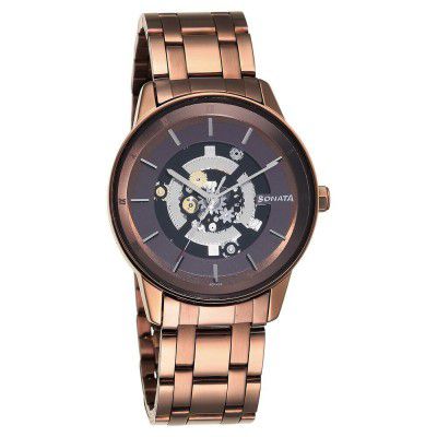 Sonata Unveil Quartz Analog Brown Dial Stainless Steel Strap Watch for Men-7133QM01