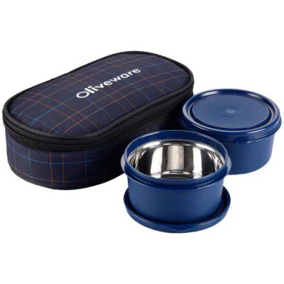 SOPL-OLIVEWARE Deniz Lunch Box, 2 Inner Steel Containers (450 ml Each), Leak Proof & Microwave Safe, Insulated Fabric Bag, Full Meal & Easy to Carry (Blue)